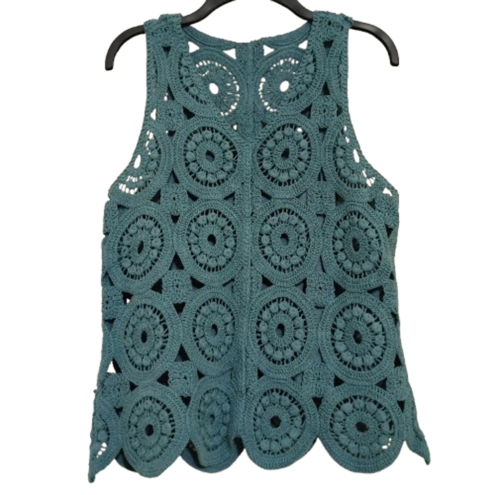 Crotchet Sleeveless V-Neck Lined Knit Top M Retro Scalloped Hem Doilie Style